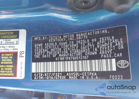 2016 Toyota Camry Se из США, поврежденный, VIN 4T1BF1FK7GU513167